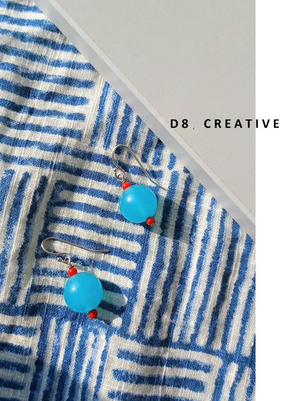 Handmade vintage blue agate with red coral and 925 sterling silver earring
